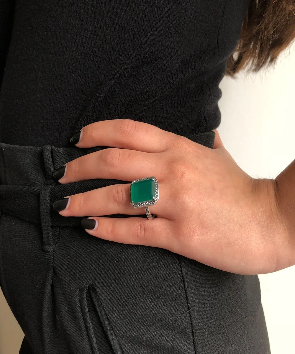 Bague art déco agate verte, marcassite et argent – Image 3