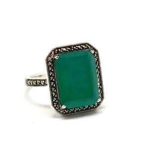 Bague art déco agate verte, marcassite et argent