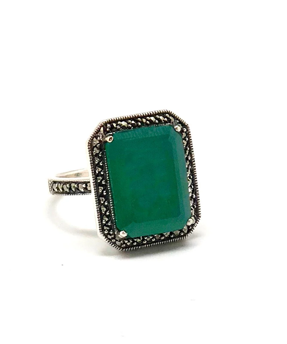 Bague art déco agate verte, marcassite et argent
