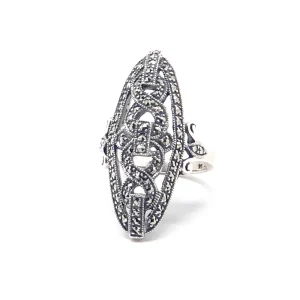 Bague art déco Marquise en marcassites et argent