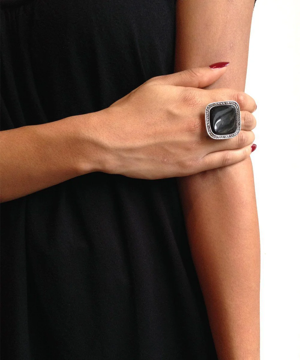 Grosse bague cornaline carrée, argent et marcassites - Métron – Image 3