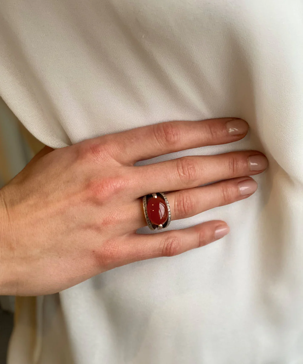 Bague cornaline art déco ovale en argent 925 et marcassites – Image 3