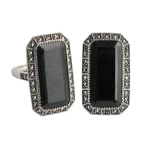 Bague onyx rectangulaire art déco en argent et marcassites