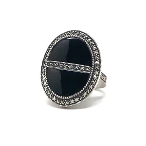 Bague art déco onyx ovale en argent et marcassites