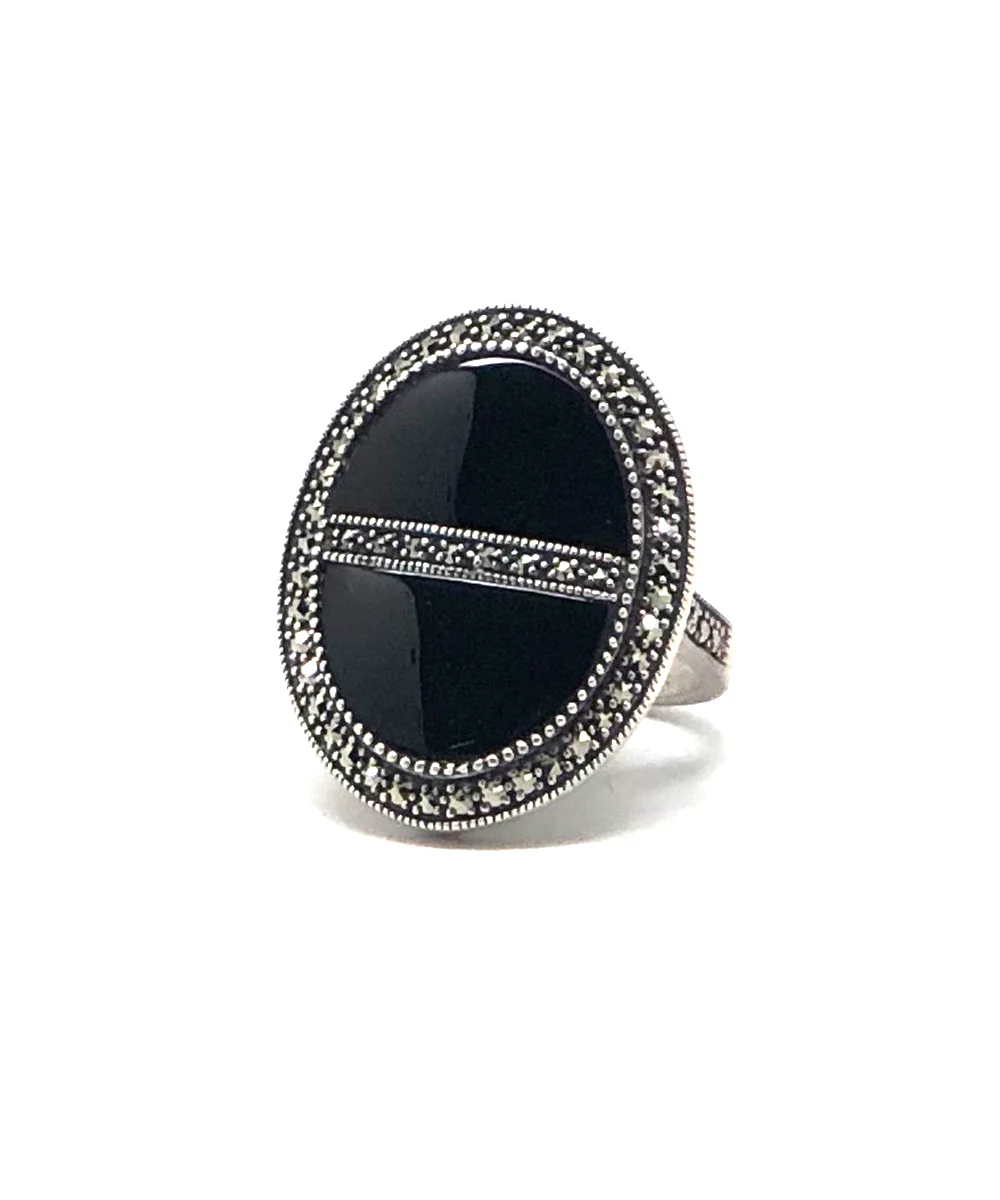 Bague art déco onyx ovale en argent et marcassites