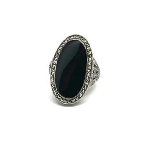 Bague onyx art deco ovale en argent et marcassites