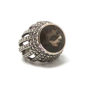 Grosse bague cabochon de quartz fumé, argent et marcassites de style art déco