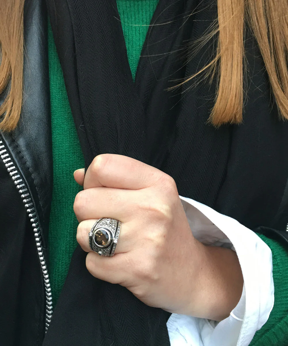 Bague quartz fumé, marcassites en argent de style art deco – Image 2