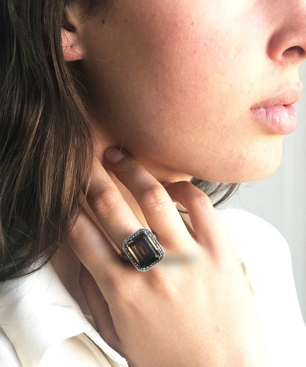 Bague art déco en quartz fumé, marcassite et argent – Image 2