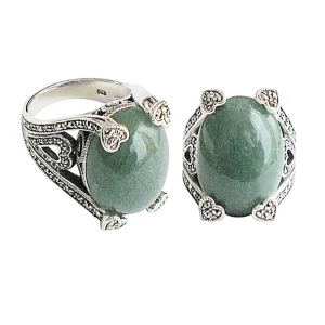 Bague art déco aventurine ornée d'argent et marcassites