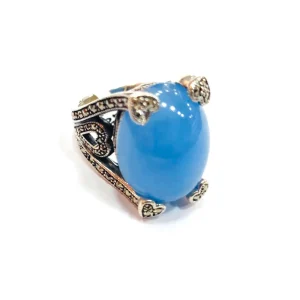 Bague art déco calcédoine bleue en argent et marcassites