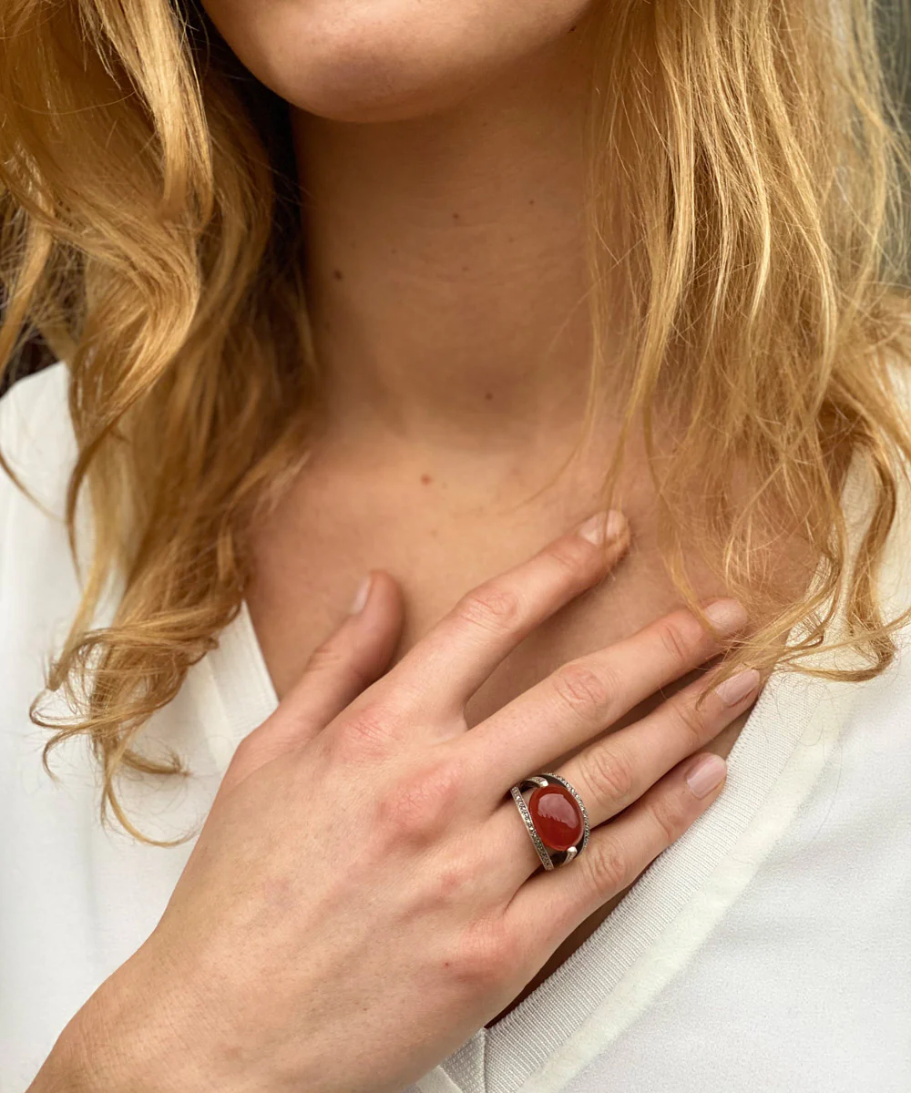 Bague cornaline art déco ovale en argent 925 et marcassites – Image 2