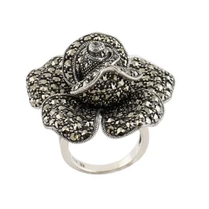 Grosse bague fleur art déco en argent et marcassites