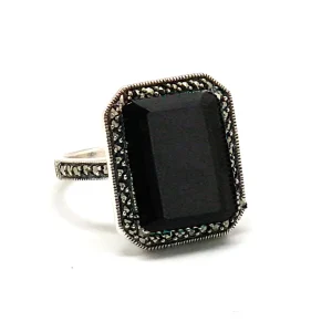 Bague onyx art déco, marcassites et argent