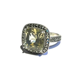 Bague quartz lemon art deco en argent et marcassites