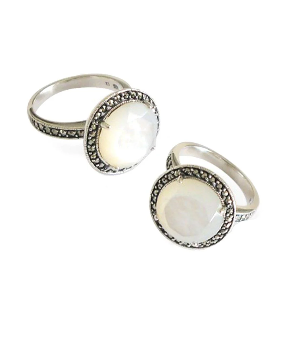 Bague nacre ronde en argent et marcassites - Métron