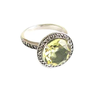 Bague citrine ronde en argent et marcassites