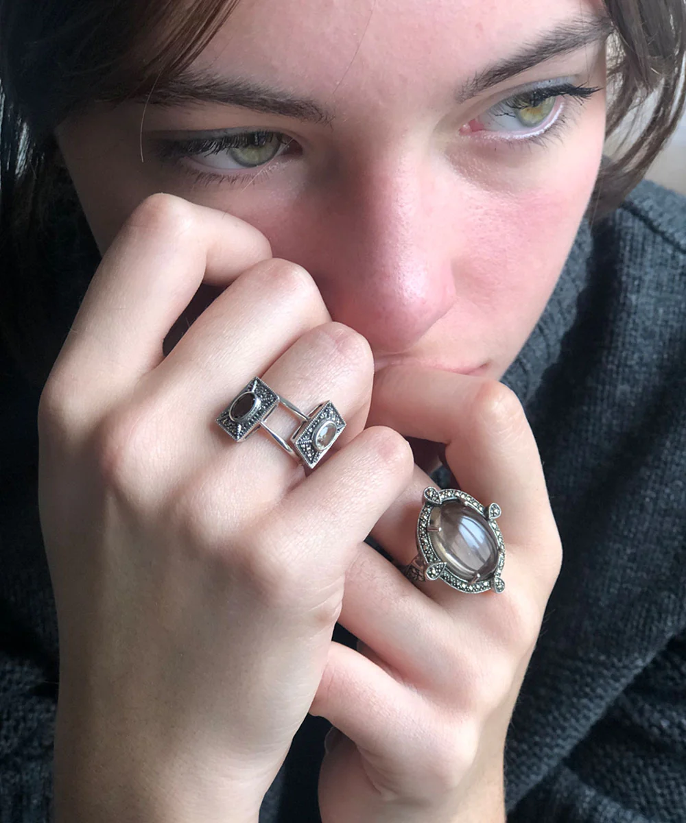 Grosse bague cabochon quartz fumé, argent et marcassites art déco – Image 2