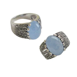 Bague jade bleu art déco en argent 925 et marcassites