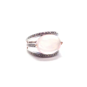 Bague quartz rose art déco ovale en argent 925 et marcassites
