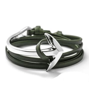 Bracelet femme ancre argent cuir vert