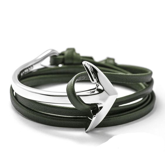 Bracelet femme ancre argent cuir vert