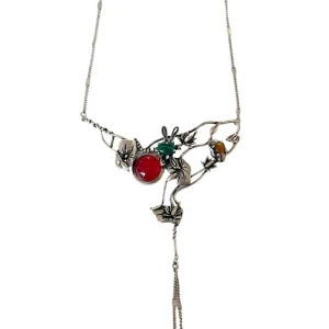 Collier Giverny argenté Cornaline rouge et pierres fines