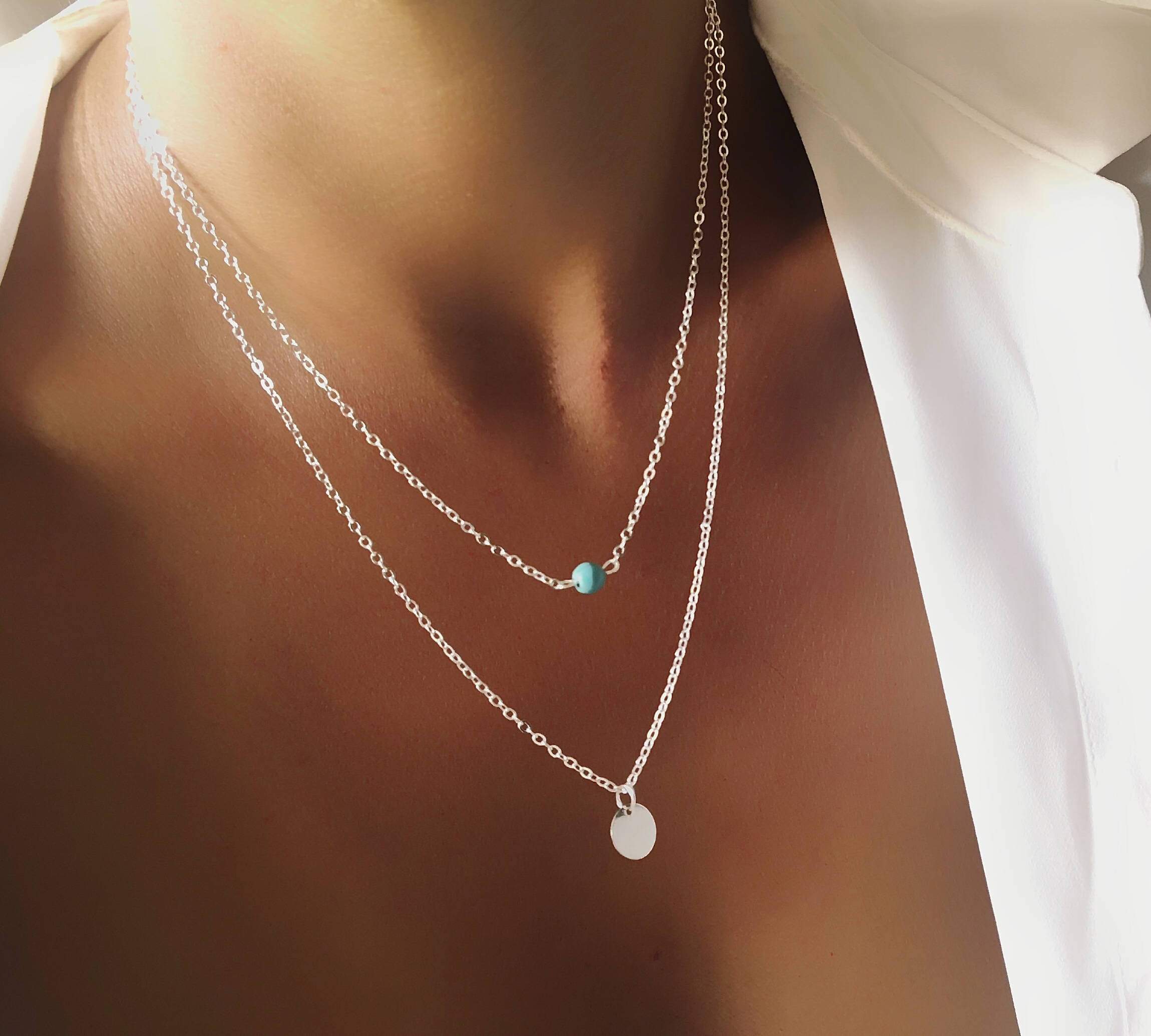 Collier double chaine argent medaille pierre turquoise