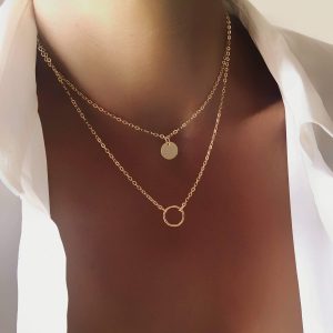 Collier double chaine pendentif cercle médaille