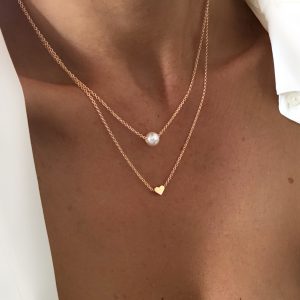 Collier double chaine pendentif coeur et perle