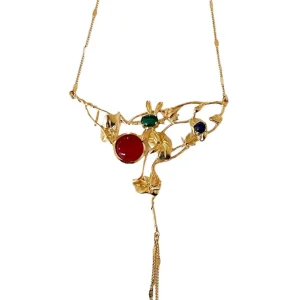 Collier Giverny doré Cornaline rouge et pierres fines colorées