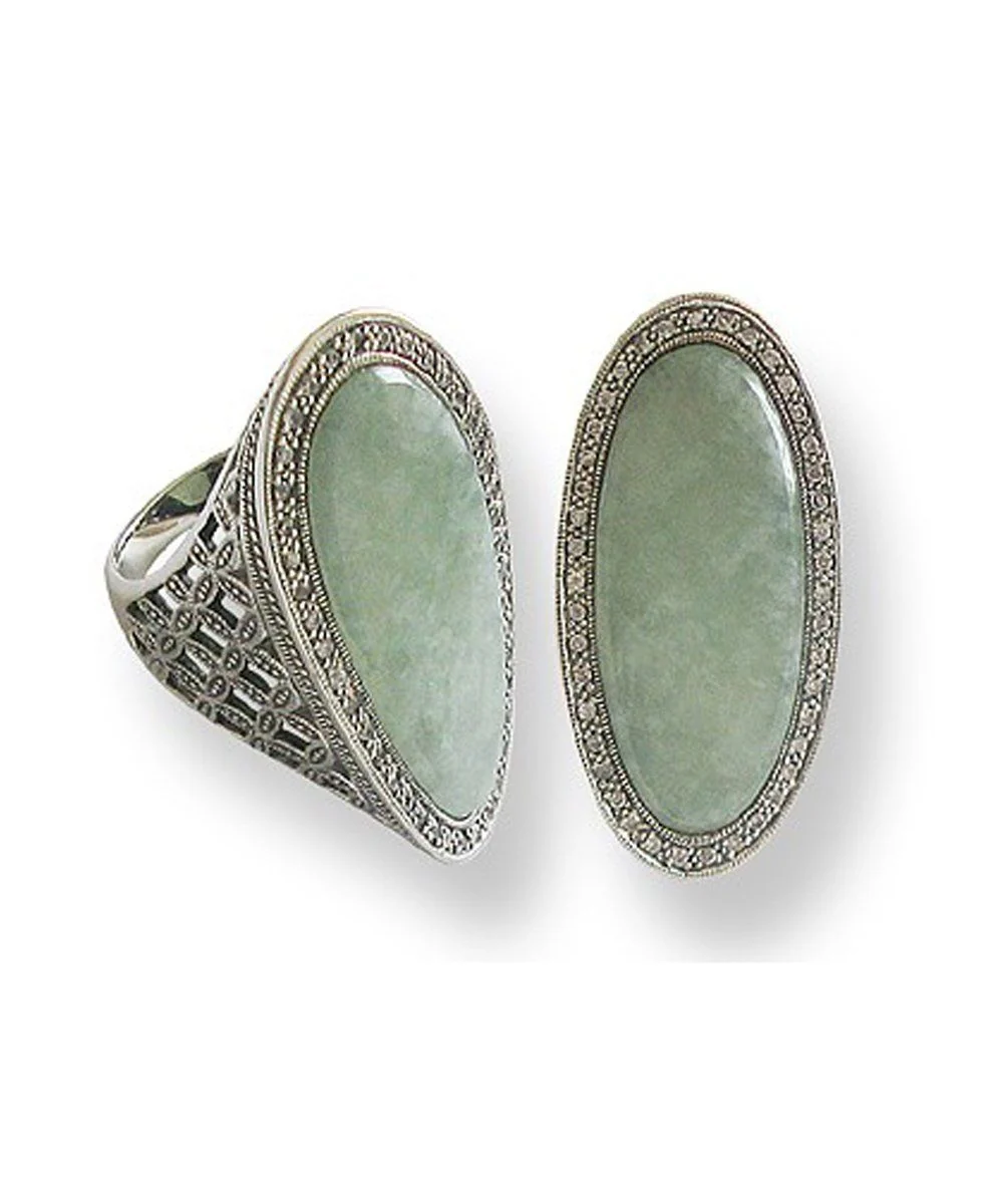 Bague art déco jade allongée, argent et marcassite
