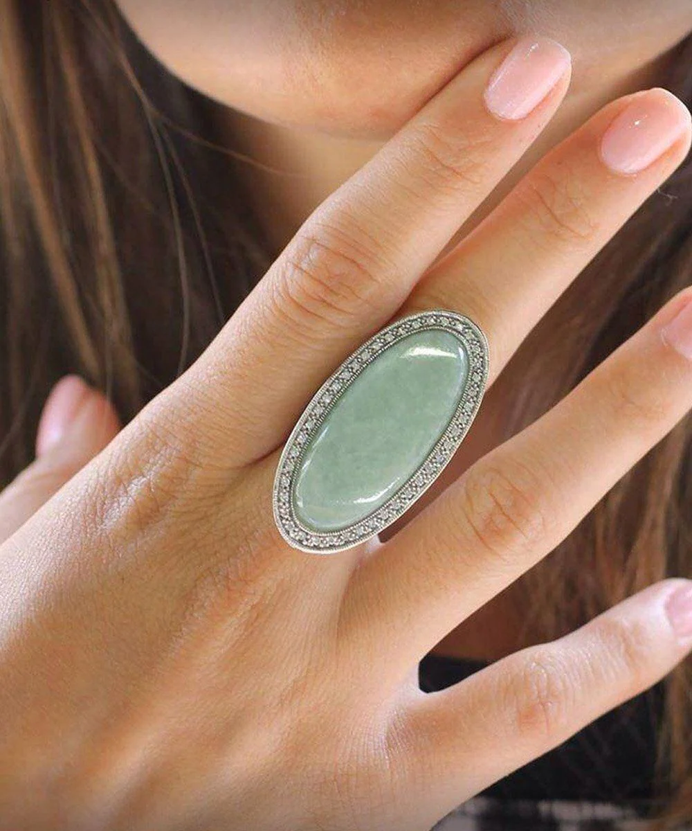 Bague art déco jade allongée, argent et marcassite – Image 2