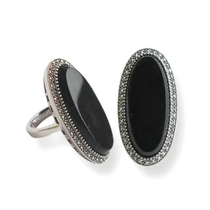 Longue bague onyx ovale art deco en argent et marcassites