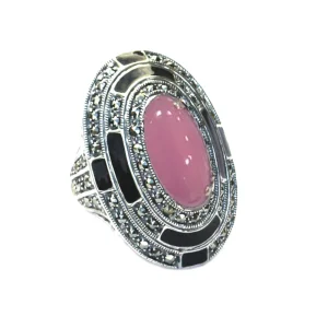 Grosse bague ovale jade rose, marcassites et argent