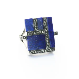 Bague art déco lapis-lazuli, marcassite et argent