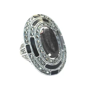 Grosse bague ovale onyx en marcassites et argent - Métron