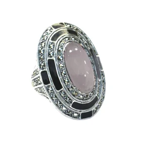 Grosse bague ovale quartz rose, marcassites et argent