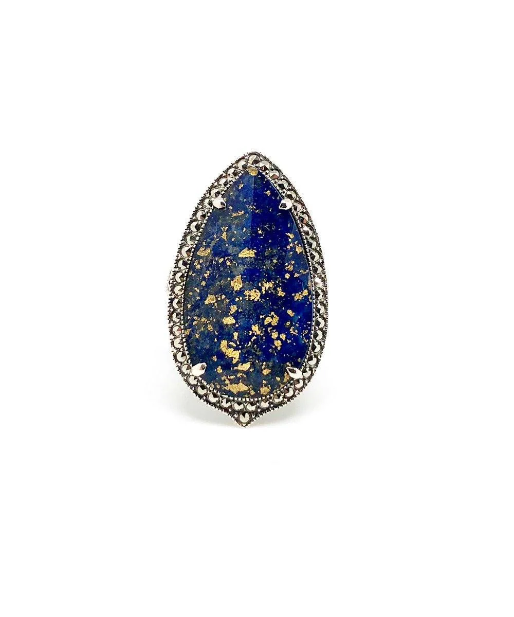 Bague lapis-lazuli ovale, marcassites et argent – Image 3