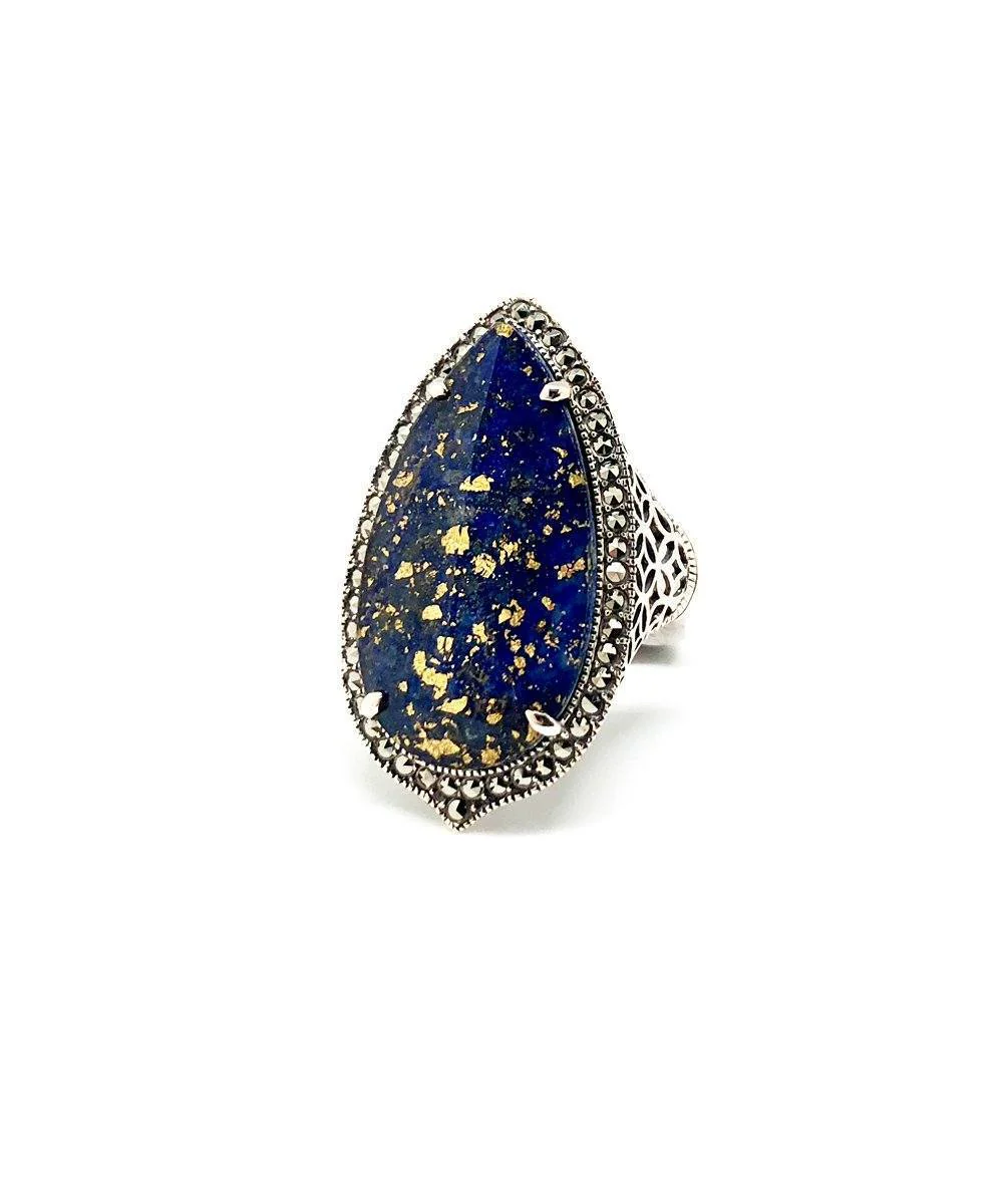 Bague lapis-lazuli ovale, marcassites et argent