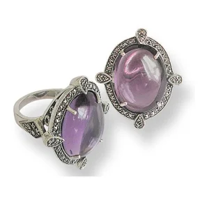 Grosse bague cabochon améthyste, argent et marcassites de style art déco