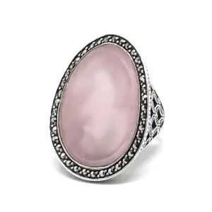 Grosse bague cabochon en quartz rose, argent et marcassites art déco