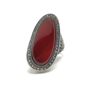 Longue bague cornaline art déco, argent et marcassite