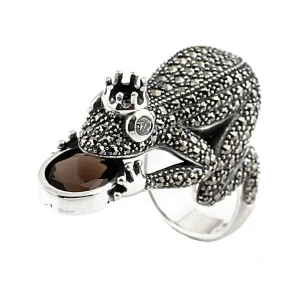 Grande bague grenouille argent, marcassites et quartz fumé style art déco