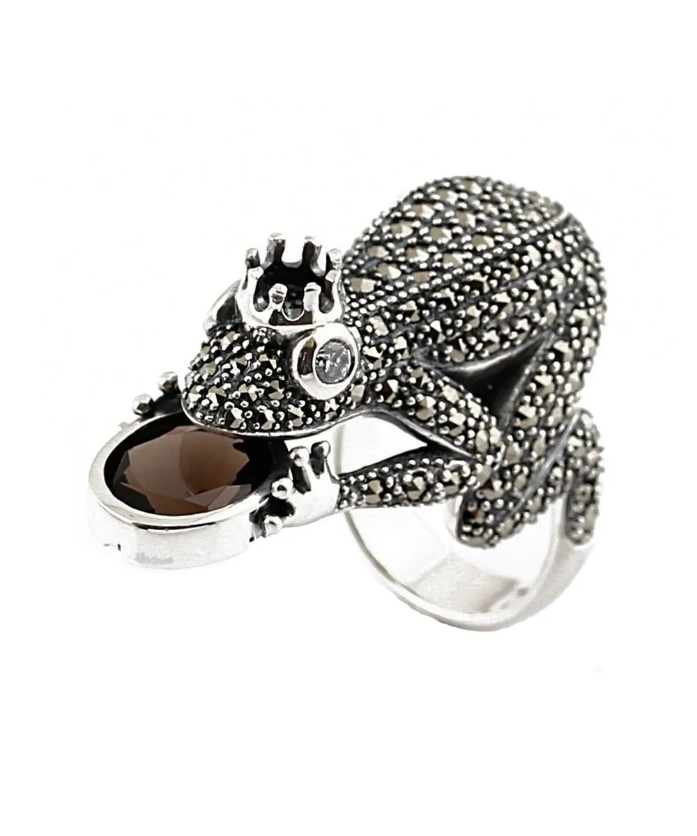 Grande bague grenouille argent, marcassites et quartz fumé style art déco