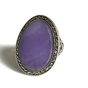 Grosse bague cabochon en jade lavender argent et marcassites art déco