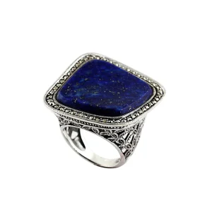 Grosse bague en lapis lazuli carrée, argent et marcassites