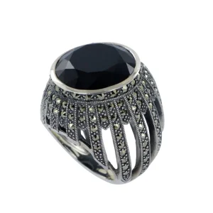 Grosse bague cabochon en onyx, argent et marcassites de style art déco