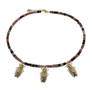 Collier Pierres Fines et Cicadas dorées