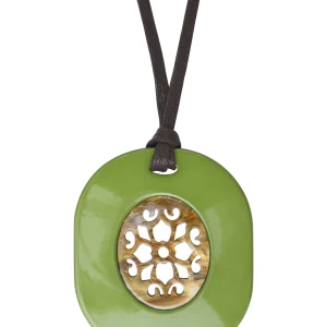 Sautoir-Collier Seventies Acétate ambre vert + coton ciré